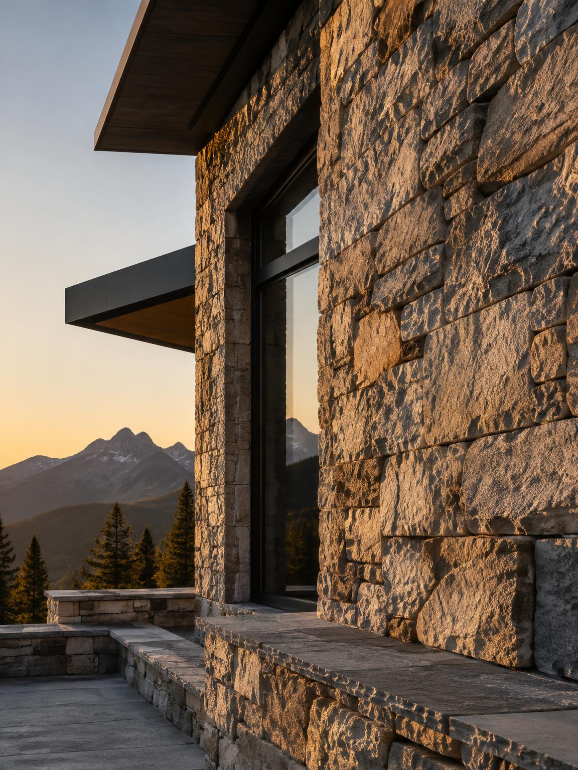 Natural stone masonry wall on a modern mountain home at sunset — illustrative image